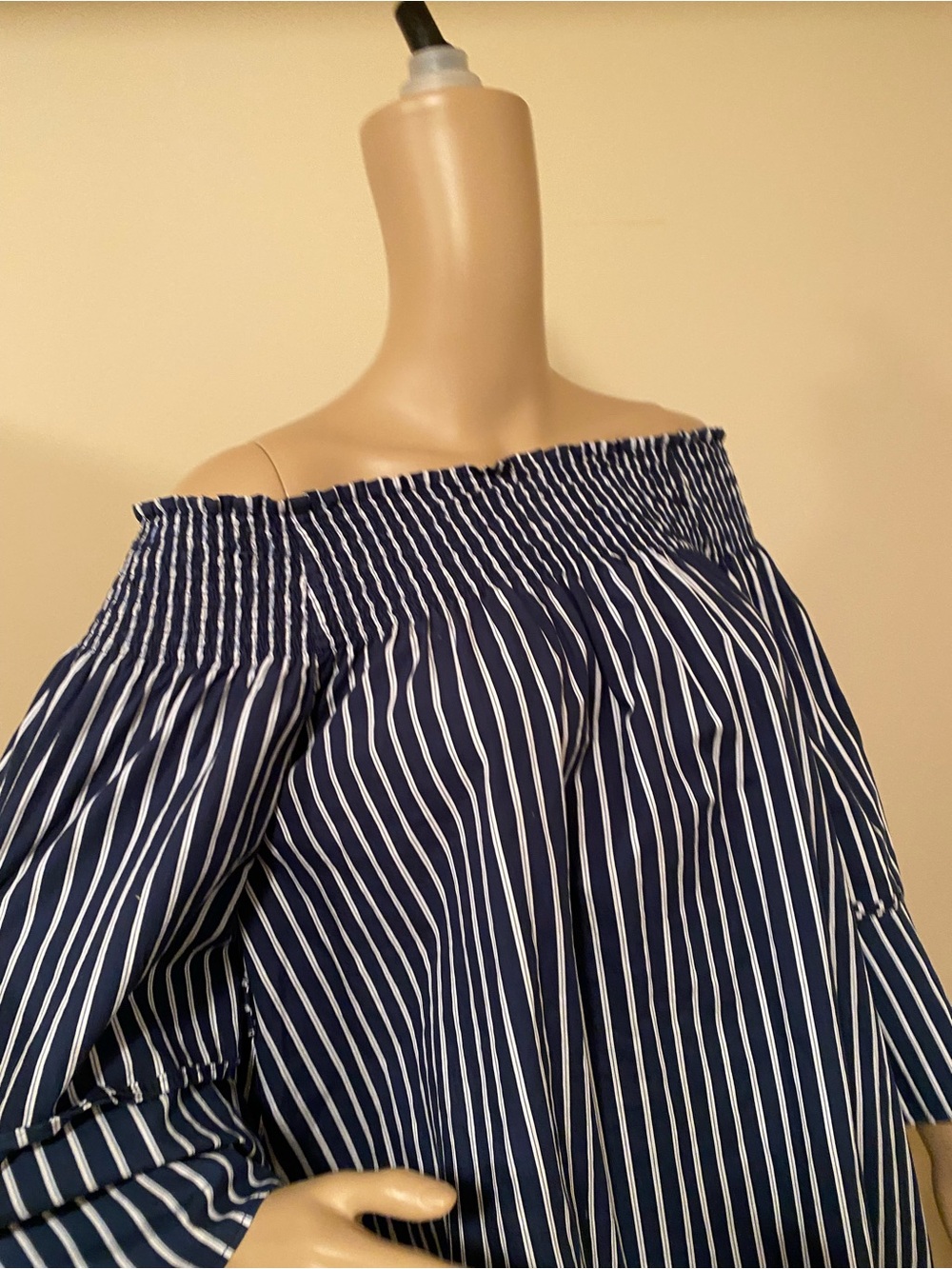 Faithfull the Brand Navy and White Striped Off-Shoulder Tunic